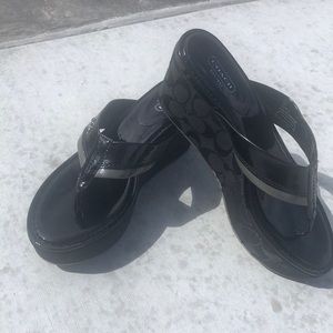 COACH wedge flip-flops Black patent  leather/signature detail NEW never worn